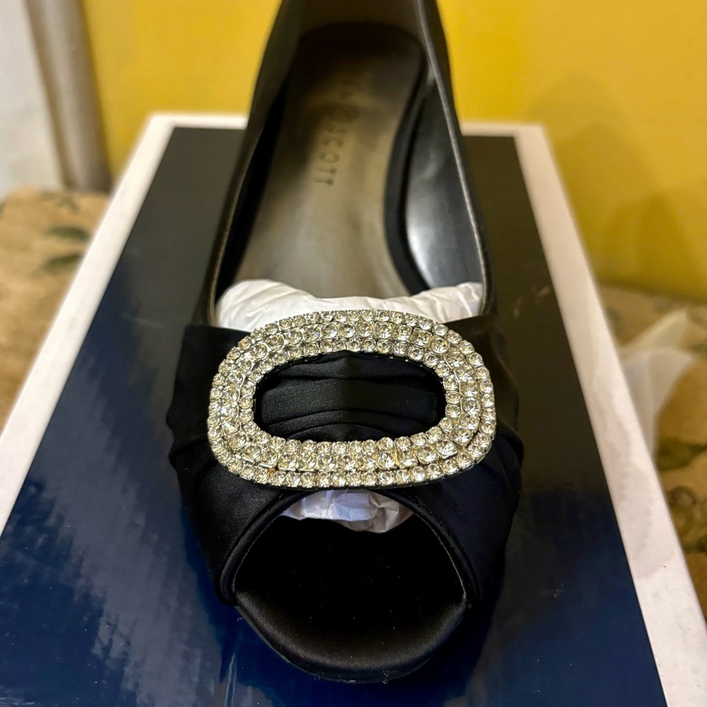 Karen Scott Black Satin Peep-Toe Flats with Crystal Buckle